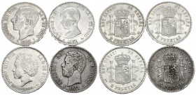 CENTENARIO DE LA PESETA. Lote compuesto por 4 monedas de 5 Pesetas de: Amadeo I. 1871 *18-7_. Madrid SDM; Alfonso XII. 1882 *18-82. Madrid MSM; Alfons...