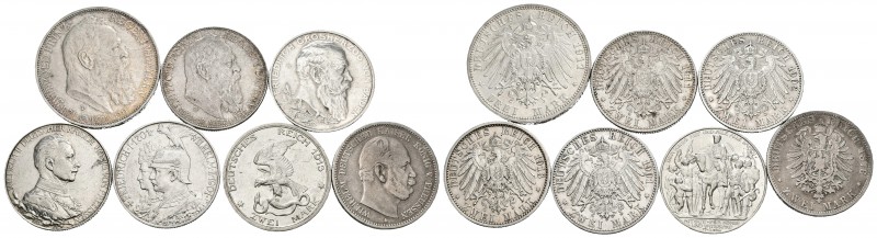 ALEMANIA. Lote compuesto por 7 monedas de plata, conteniendo: 2 Marks. 1876 A, 1...