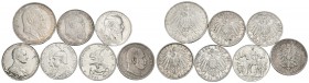 ALEMANIA. Lote compuesto por 7 monedas de plata, conteniendo: 2 Marks. 1876 A, 1901, 1902, 1911 D, 1913, 1913 (2 tipos) y 3 Marks 1911 D. Ar. BC+/EBC....