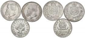 BRASIL. Lote compuesto por 3 monedas de 2000 Reis de Pedro II de los años: 1888, 1889 y 1923. Ar. MBC-/MBC+. A EXAMINAR.