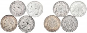 FRANCIA. Lote compuesto por 5 Francs de Napoleón III de 1867 de Paris y Strasbourg, de 1868 de Paris y de 1869 de Strasbourg. Ar. MBC-/MBC.