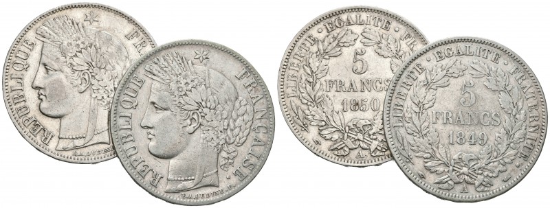 FRANCIA. II República. Conjunto de 2 monedas de 5 Francs. 1849 y 1850 (Paris A)....