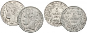 FRANCIA. II República. Conjunto de 2 monedas de 5 Francs. 1849 y 1850 (Paris A). Km#761.1. Ar. MBC/MBC+.