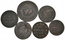 INDIA. Lote compuesto por 6 monedas de cobre de diferentes estados a clasificar. Ae. MBC-/MBC+. A EXAMINAR.