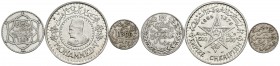 MARRUECOS. Lote compuesto por 3 monedas de plata, incluye: 1 Dirham 1309H; 1/4 Rial 1329H y 500 Francs 1376H. Ar. MBC-/EBC.