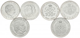 MONACO. Lote compuesto por 3 monedas de 100 Francs (Plata) de los años 1982, 1989 y 1999. Ar. EBC+/SC. A EXAMINAR.