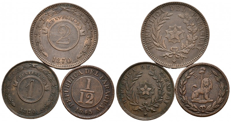 PARAGUAY. 1/2 Centésimo 1845, 1 Centésimo 1870 y 2 Centésimos 1870. Ae. MBC/MBC+...
