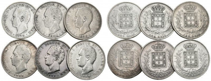 PORTUGAL. Lote compuesto por 6 monedas de plata de Luis I, conteniendo: 500 Reis...