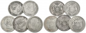 PORTUGAL. Lote compuesto por 5 monedas de plata de Pedro V, conteniendo: 500 Reis 1855, 1856, 1858 (2) y 1859. Ar. BC+/MBC-. A EXAMINAR.