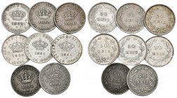 PORTUGAL. Lote compuesto por 8 monedas de 50 Reis-1/2 Tostao, conteniendo de Pedro V 1861 (3) y de Luis I 1863, 1886, 1889 (3). Ar. MBC/EBC. A EXAMINA...
