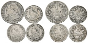 VATICANO. Estados Pontificios. Lote compuesto por 4 monedas de plata, conteniendo 10 Soldi 1867, 1868, 1869 y 1 Lira 1866. Ar. MBC-/MBC+. A EXAMINAR.