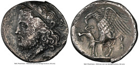BRUTTIUM. Locri Epizephyrii. Ca. 4th-early 3rd centuries BC. AR stater (21mm, 7.35 gm, 6h). NGC Choice VF 4/5 - 2/5, overstruck, flan flaw, edge marks...