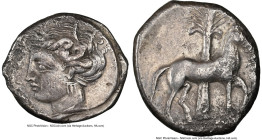 SICULO-PUNIC. Sicily. Ca. 350-315 BC. AR tetradrachm (25mm, 16.04 gm, 10h). NGC Choice VF 4/5 - 2/5. Head of Arethusa left, wreathed with reeds, weari...