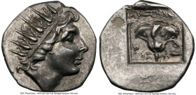 CARIAN ISLANDS. Rhodes. Ca. 88-84 BC. AR drachm (15mm, 12h). NGC XF. Plinthophoric standard, Lysimachus, magistrate. Radiate head of Helios right / ΛY...