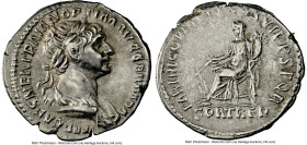 Trajan (AD 98-117). AR denarius (19mm, 6h). NGC XF. Rome, AD 114-117. IMP CAES NER TRAIAN OPTIM AVG GERM DAC, laureate, draped bust of Trajan right, s...