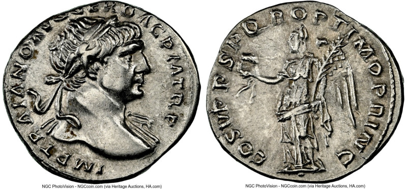 Trajan (AD 98-117). AR denarius (18mm, 6h). NGC XF. Rome, ca. AD 103-111. IMP TR...
