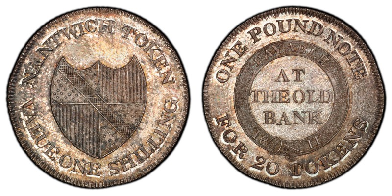 Cheshire, Nantwich silver Shilling Token 1811 MS64 PCGS, Dalton-1. Shield of arm...