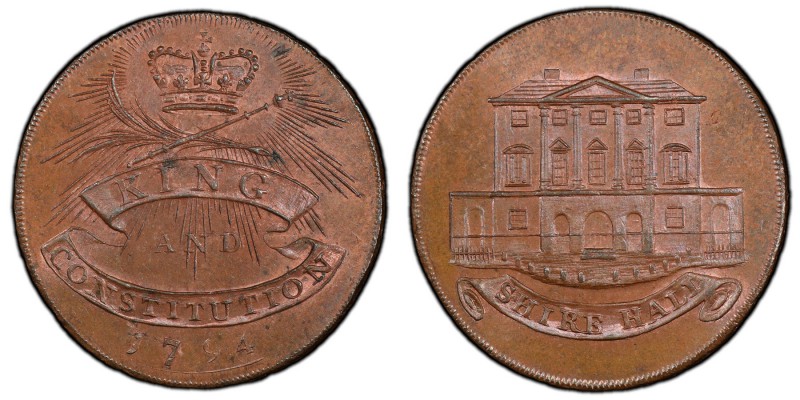 Essex, Chelmsford copper 1/2 Penny Token 1794 MS64 Brown PCGS, D&H-5b. Edge: PAY...