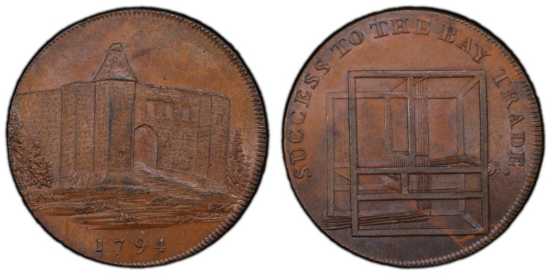Essex, Colchester copper 1/2 Penny Token 1794 MS65 Brown PCGS, D&H-10. Edge: PAY...