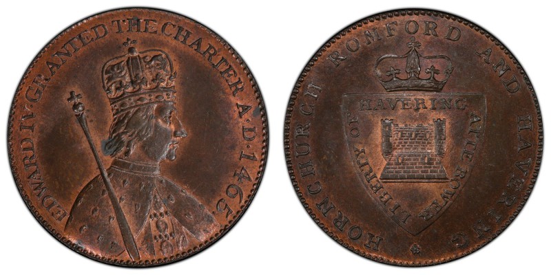 Essex, Hornchurch copper 1/2 Penny Token ND (1790s) MS64 Red and Brown PCGS, D&H...