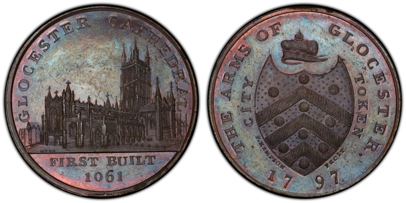 Gloucestershire, Gloucester copper Penny Token 1797 MS63 Brown PCGS, D&H-1. Shie...
