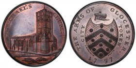 Gloucestershire, Gloucester copper Penny Token 1797 MS64 Red and Brown PCGS, D&H-5. St. Michael's Church / Crowned arms. Includes original collector's...