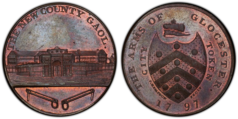 Gloucestershire, Gloucester copper Penny Token 1797 MS63 Brown PCGS, D&H-10. Shi...