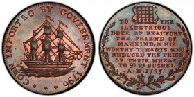 Gloucestershire, Badminton copper 1/2 Penny Token 1796 MS64 Brown PCGS, D&H 32. CORN IMPORTED BY GOVERNMENT 1796. Ship / TO THE ILLUSTRIOUS DUKE OF BE...