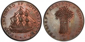 Gloucestershire, Badminton copper 1/2 Penny Token 1796 MS65+ Brown PCGS, D&H-34. CORN IMPORTED BY GOVERNMENT 1796. Ship / RELIEF* AGAINST* MONOPOLY* *...