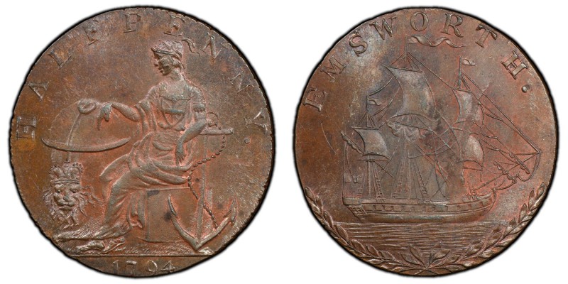 Hampshire, Emsworth copper 1/2 Penny Token 1794 MS64 Brown PCGS, D&H-10. Female ...