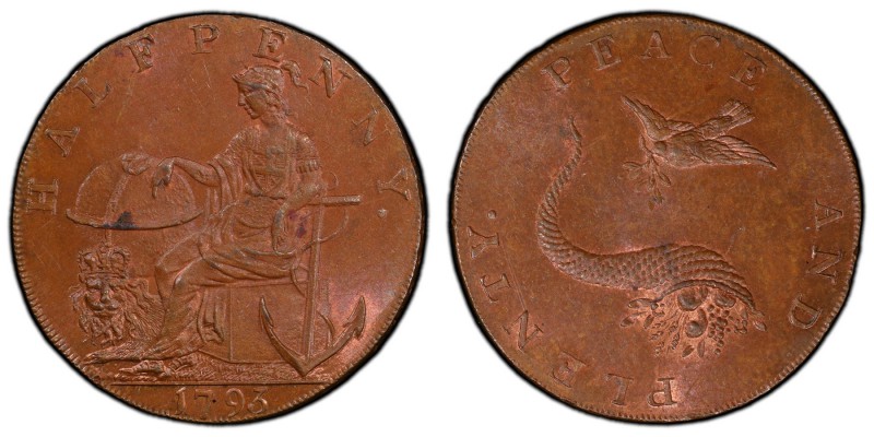 Hampshire, Emsworth copper 1/2 Penny Token 1793 MS64 Brown PCGS, D&H-11, Conder ...