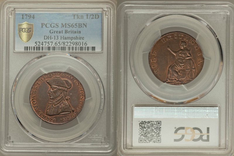 Hampshire, Emsworth copper 1/2 Penny Token 1794 MS65 Brown PCGS, D&H-13. Edge: P...