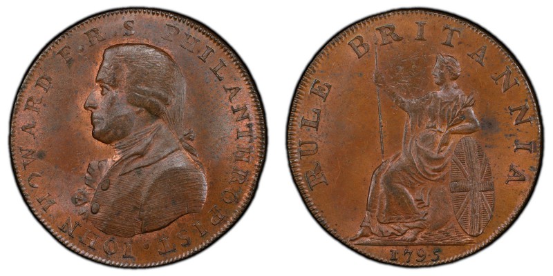 Hampshire, Portsmouth copper 1/2 Penny Token 1795 MS64 Brown PCGS, D&H-57b. IOHN...