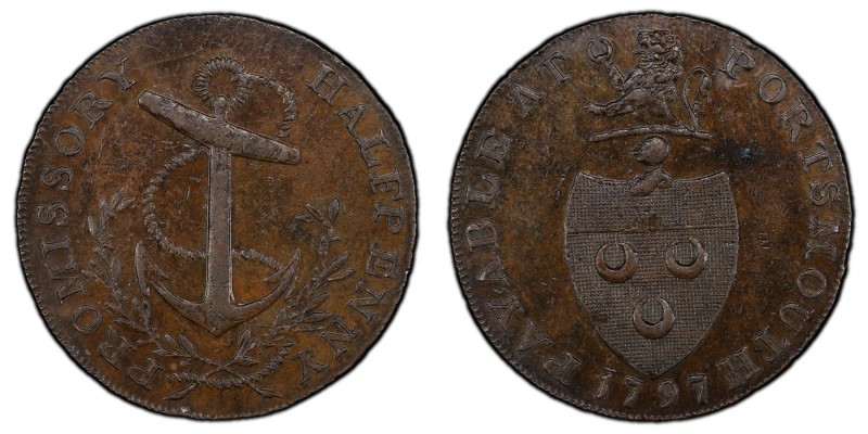 Hampshire, Portsmouth copper 1/2 Penny Token 1797 MS62 Brown PCGS, D&H-58, Conde...