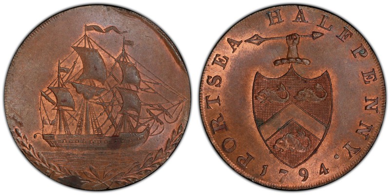 Hampshire, Portsea copper 1/2 Penny Token 1794 MS64 Brown PCGS, D&H-68. Edge: AT...