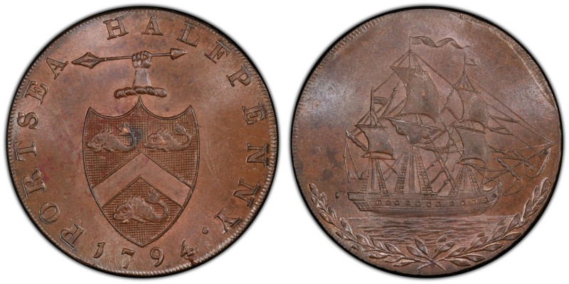 Hampshire, Portsea copper 1/2 Penny Token 1794 MS64 Brown PCGS, D&H-68. Edge: AT...