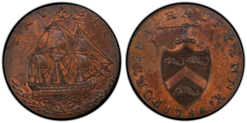 Hampshire, Portsea copper 1/2 Penny Token 1794 MS63 Brown PCGS, D&H-75. PORTSEA ...