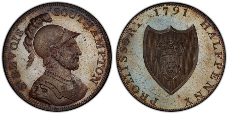 Hampshire, Portsmouth bronzed copper Proof 1/2 Penny Token 1791 PR64 PCGS, D&H-8...