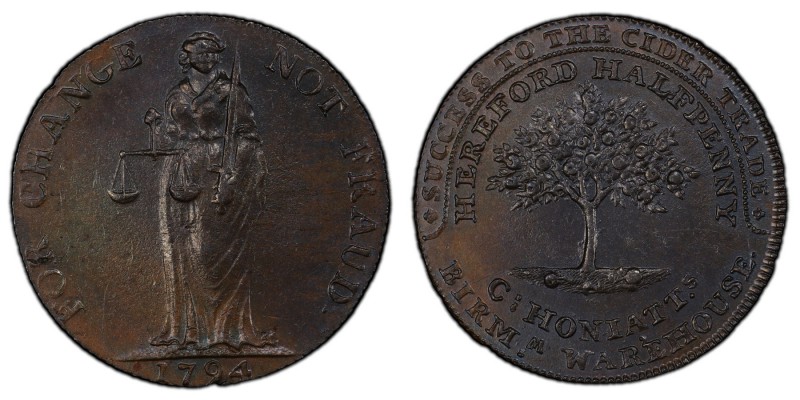 Herefordshire, Hereford copper 1/2 Penny Token 1794 MS63 Brown PCGS, D&H-5. SUCC...