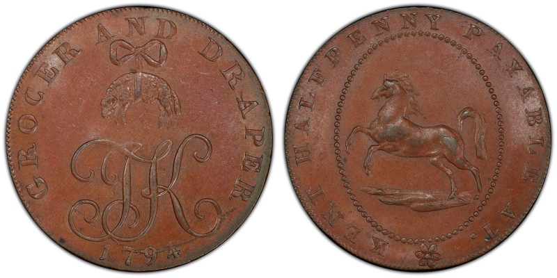 Kent, Brookland copper 1/2 Penny Token 1794 MS64+ Brown PCGS, D&H-5. Cypher T.K....