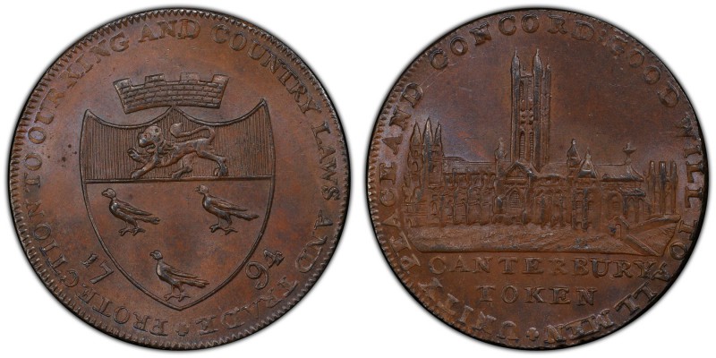 Kent, Canterbury copper 1/2 Penny Token 1794 MS65+ Brown PCGS, D&H-6. Coat of ar...