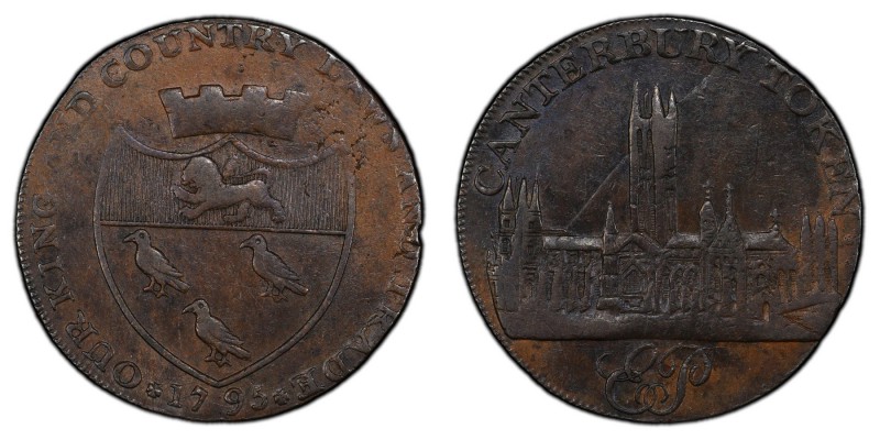 Kent, Canterbury copper 1/2 Penny Token 1795 AU58 Brown PCGS, D&H-8, Conder p.49...