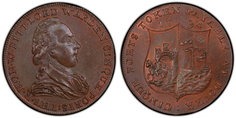 Kent, Dover copper 1/2 Penny Token 1794 MS63 Brown PCGS, D&H-16. Bust facing rig...