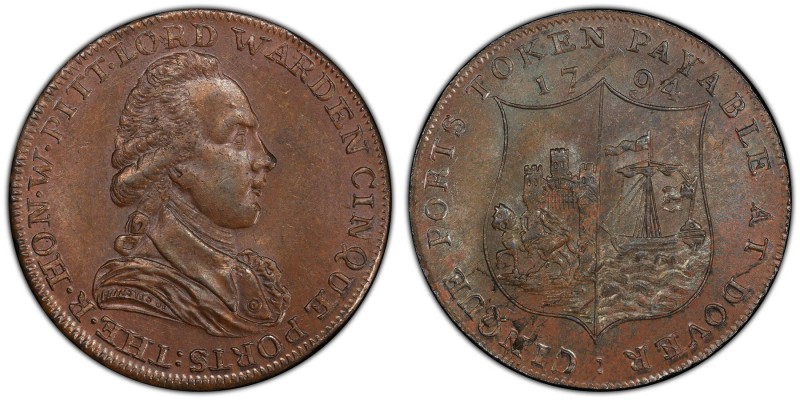 Kent, Dover copper 1/2 Penny Token 1794 MS64 Brown PCGS, D&H-16a. Edge: PAYABLE ...