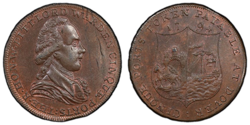 Kent, Dover copper 1/2 Penny Token 1794 MS63 Brown PCGS, D&H-16a. Bust facing ri...