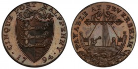 Kent, Faversham copper 1/2 Penny Token 1794 MS63 Brown PCGS, D&H-20. Edge: "PAYABLE AT IOHN CROWSS COPPER SMITH X . X". Shield of arms / Sailing ship....