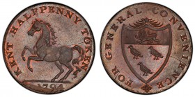 Kent, Goudhurst copper 1/2 Penny Token 1794 MS64 Brown PCGS, D&H-28b. Edge: PAYABLE BY W. FUGGLES GOUDHURST + + + +. KENT HALFPENNY TOKEN. The Kentish...