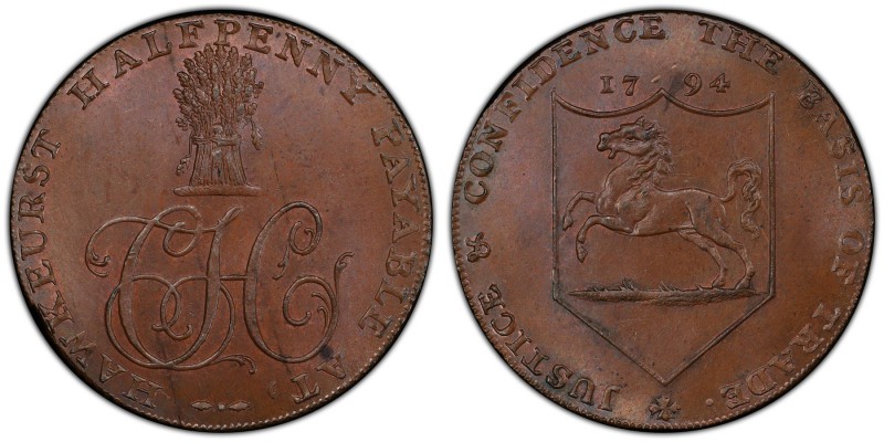 Kent, Hawkhurst copper 1/2 Penny Token 1794 MS65 Brown PCGS, D&H-30. Cypher C.H....