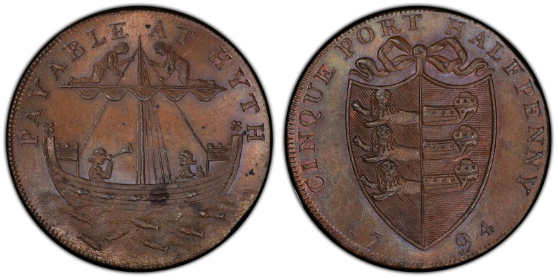 Kent, Hythe copper 1/2 Penny Token 1794 MS64 Brown PCGS, D&H-31. CINQUE PORT HAL...
