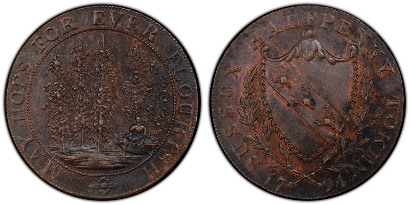 Kent, Lamberhurst copper 1/2 Penny Token 1794 MS62 Brown PCGS, D&H-32. Coat of a...